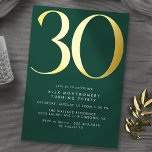 Invitación Con Relieve Metalizado Verde Esmeralda y oro | Cumpleaños contemporáneo 3<br><div class="desc">Invitaciones de 30 años de estilo moderno con un gran título "30" en Relieve metalizado metálico real. Los detalles del evento se imprimen a continuación en una letra blanca mate. Diseño unisexo con acentos dorados en un verde profundo. (Los colores de fondo se pueden cambiar utilizando la herramienta de diseño....</div>