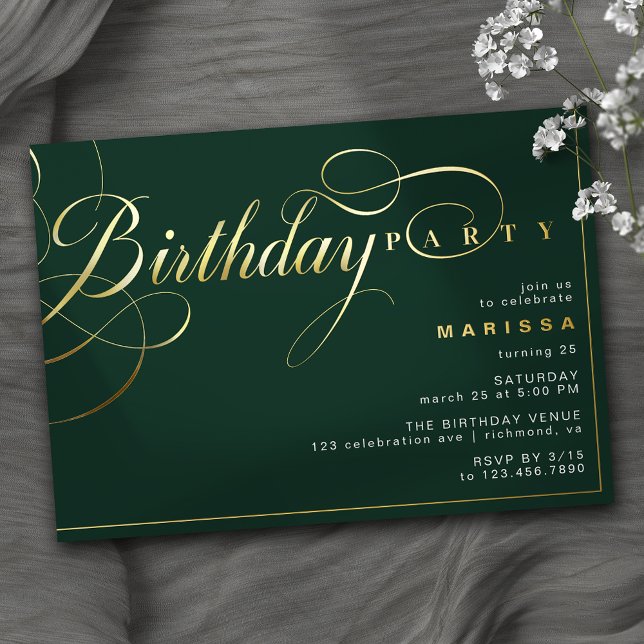 Invitación Con Relieve Metalizado Verde Esmeralda y oro | Cumpleaños de guión elegan (Subido por el creador)