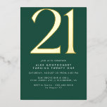 Invitación Con Relieve Metalizado Verde Esmeralda y oro | Cumpleaños moderno 21<br><div class="desc">Moderno estilo minimalista invitaciones de 21 cumpleaños con un gran título "50" en Relieve metalizado metálico real. Los detalles del evento se imprimen a continuación en un texto blanco mate. Diseño unisexo con acentos dorados en verde oscuro.</div>