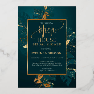 Invitación Con Relieve Metalizado Verde esmeralda y oro real de papel de estaño casa