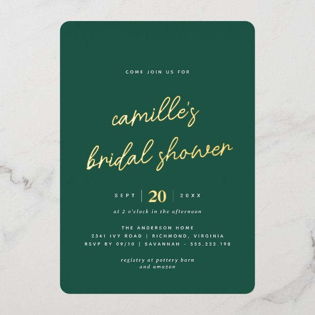 Invitación Con Relieve Metalizado Verde Esmeralda y oro | Sencilla ducha de novia (Anverso)