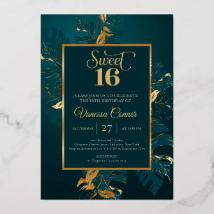 Invitación Con Relieve Metalizado Verde esmeralda y verdadero papel de oro dulce die
