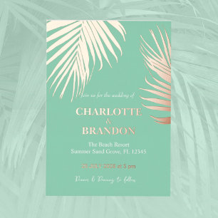 Invitación Con Relieve Metalizado Verde Espuma de Mar Hoja de Palma Tropical Boda Do