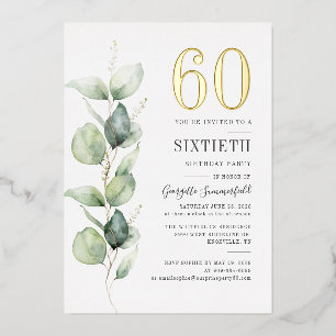 Invitación Con Relieve Metalizado Verde Eucalipto Cumpleaños 60 Años Acuarela Dorado