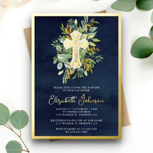 Invitación Con Relieve Metalizado Verde Eucalipto Rústico Bautizo Azul Marino Dorado