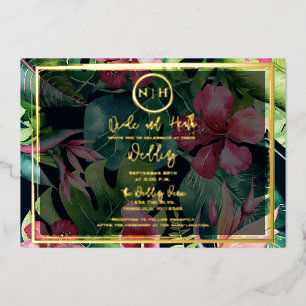 Invitación Con Relieve Metalizado Verde floral hawaiano Paraíso dorado Boda  