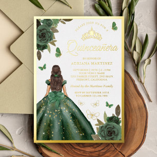 Invitación Con Relieve Metalizado Verde Floral Mariposa Quinceañera Dorado Bosque