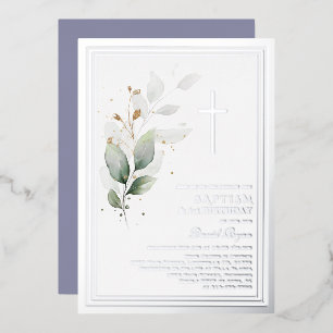 Invitación Con Relieve Metalizado Verde lujoso Eucalipto Bautizo Cumpleaños 1