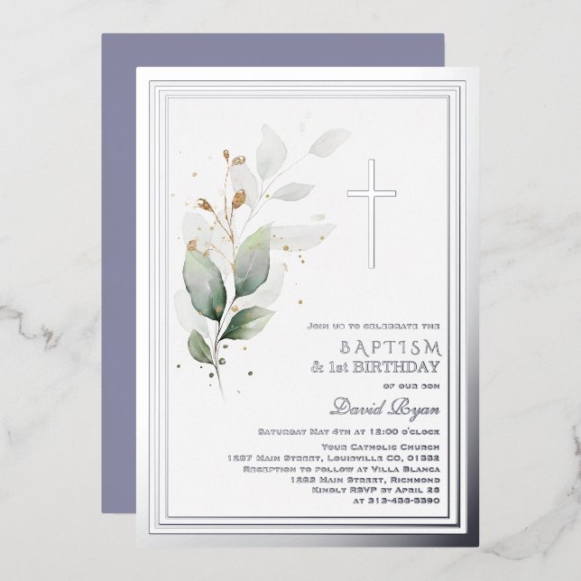 Invitación Con Relieve Metalizado Verde lujoso Eucalipto Bautizo Cumpleaños 1 (Anverso/Reverso)