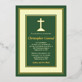 Invitación Con Relieve Metalizado Verde Oro Real Hoja Católico Confirmación