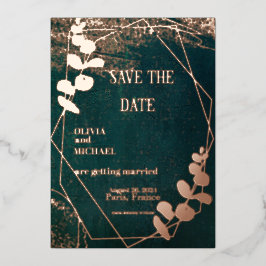 Invitación Con Relieve Metalizado Verde oscuro vintage con oro