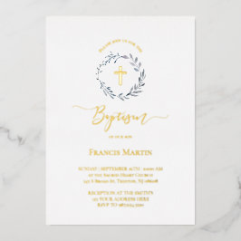Invitación Con Relieve Metalizado verde pluvial azul polvoriento Baptismo plata