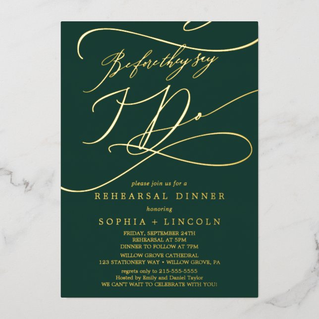 Invitación Con Relieve Metalizado Verde romántico y Relieve metalizado dorado antes  (Anverso)