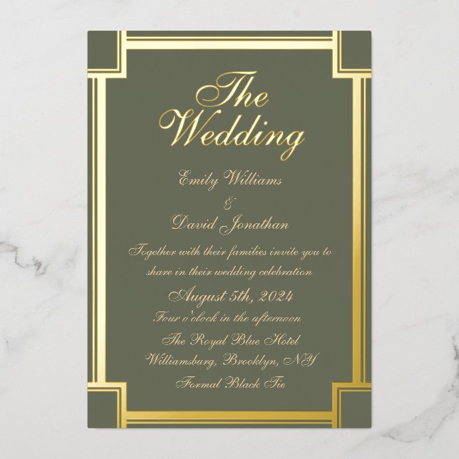 Invitación Con Relieve Metalizado Verde sabio clásico y blanco (Anverso)