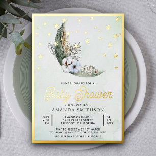 Invitación Con Relieve Metalizado Verde Salvia Boho Floral Luna Estrellas Shower par