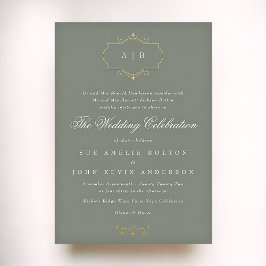 Invitación Con Relieve Metalizado verde salvia clásico crest monograma boda oro