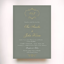Invitación Con Relieve Metalizado verde salvia clásico monograma boda