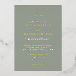 Invitación Con Relieve Metalizado Verde Salvia Elegante Monograma Lujo Boda Oro