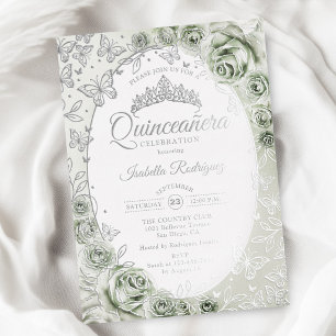 Invitación Con Relieve Metalizado Verde Salvia Floral de Quinceañera Plateada