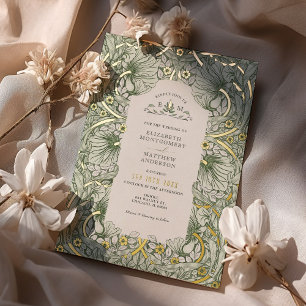 Invitación Con Relieve Metalizado Verde Salvia Oro Vintage Pimpernel William Morris