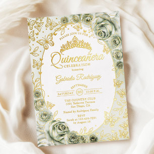 Invitación Con Relieve Metalizado Verde Salvia Quinceañera Floral Dorada