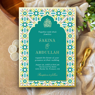 Invitación Con Relieve Metalizado Verde Teal Geométrico Musulmán Islámico Boda Dorad