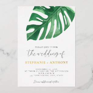 Invitación Con Relieve Metalizado Verde tropical hojas de Monstera Boda de verano