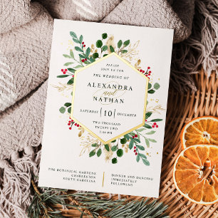 Invitación Con Relieve Metalizado Verdor Dorado sobre Blanco Boda de Navidad