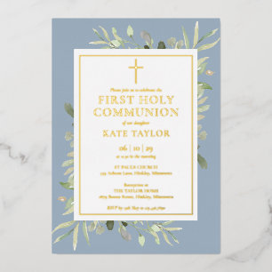 Invitación Con Relieve Metalizado Verdor Dusty Blue First Holy Communia Gold
