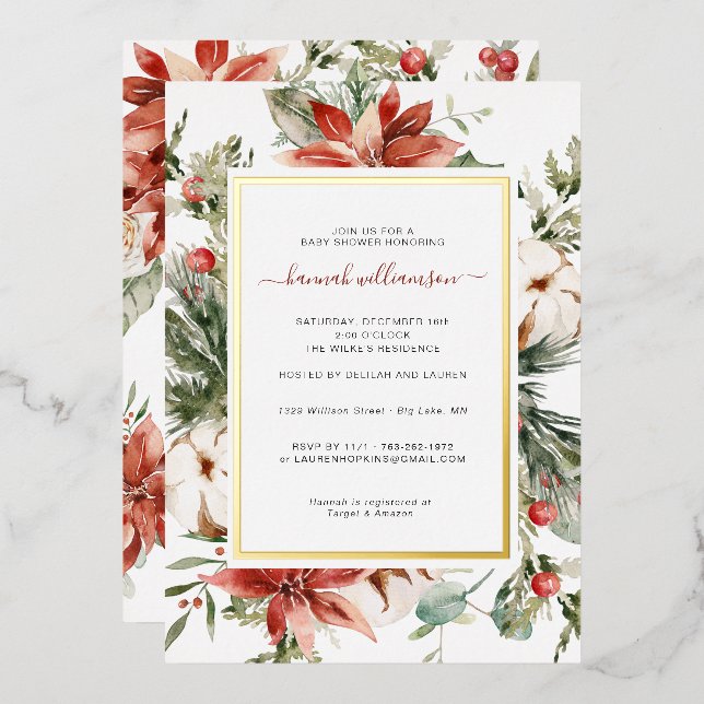 Invitación Con Relieve Metalizado Verdor floral de invierno | NAVIDADES BABY SHOWER (Anverso/Reverso)