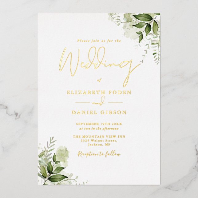 Invitación Con Relieve Metalizado Verdor Floral Elegante Monograma Boda Oro (Anverso)