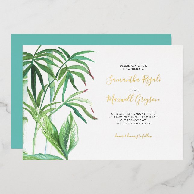 Invitación Con Relieve Metalizado Verdor temático Boda tropical (Anverso/Reverso)