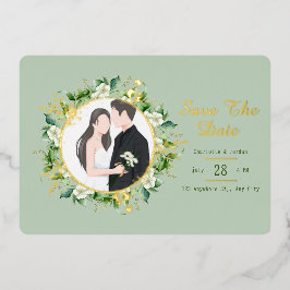 Invitación Con Relieve Metalizado Verdor y hoja de oro horizontal Guardar la fecha