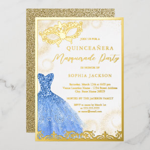 Invitación Con Relieve Metalizado Vestido Azul Dorado Fiesta de Máscaras Quinceañera