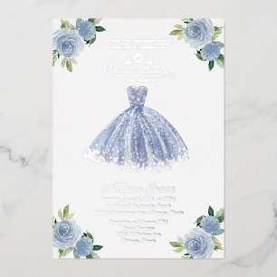 Invitación Con Relieve Metalizado Vestido azul polvoriento Quinceanera