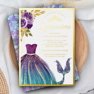 Invitación Con Relieve Metalizado Vestido Azul Teal Morado Cola de Sirena Quinceaner