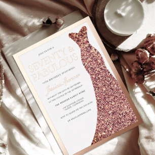 Invitación Con Relieve Metalizado Vestido Brillante 70 Cumpleaños Rosa Dorado
