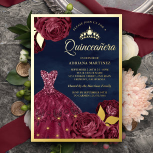 Invitación Con Relieve Metalizado Vestido Brillante Burgundy Floral Azul Marino Quin