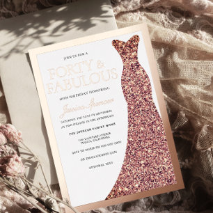 Invitación Con Relieve Metalizado Vestido Brillante Mujer Cumpleaños 40 Rosa Dorado