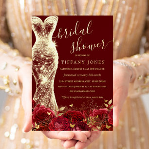 Invitación Con Relieve Metalizado Vestido Brillante Rojo Floral Dorado Rosa Ducha Nu