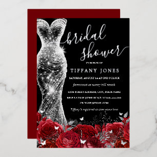 Invitación Con Relieve Metalizado Vestido Brillante Rojo Plata Negro Rosa Bridal Sho