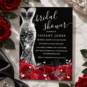 Invitación Con Relieve Metalizado Vestido Brillante Rojo Plata Negro Rosa Bridal Sho