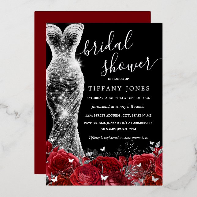 Invitación Con Relieve Metalizado Vestido brillante rojo plateado negro Rosa de novi (Anverso/Reverso)
