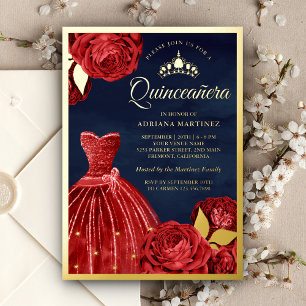 Invitación Con Relieve Metalizado Vestido Brillante Rosas Rojas Azul Quinceañera Dor