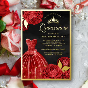Invitación Con Relieve Metalizado Vestido Brillante Rosas Rojas Negras Quinceañera D