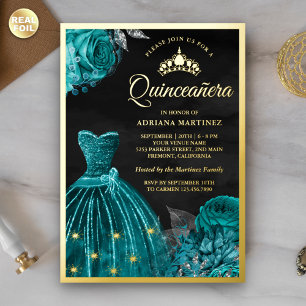Invitación Con Relieve Metalizado Vestido Brillante Rosas Turquesa Negras Quinceañer