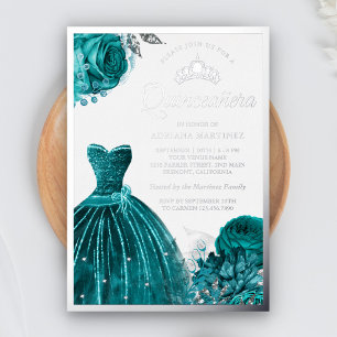 Invitación Con Relieve Metalizado Vestido Brillante Rosas Turquesa Quinceañera