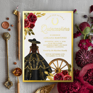 Invitación Con Relieve Metalizado Vestido Charro Quinceañera Negro Floral Granate Do