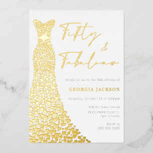 Invitación Con Relieve Metalizado Vestido cincuenta y fabuloso Cumpleaños 50 de oro