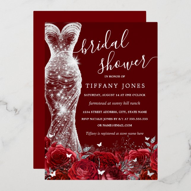 Invitación Con Relieve Metalizado Vestido de brillo Rosa de plata roja ducha de novi (Anverso/Reverso)